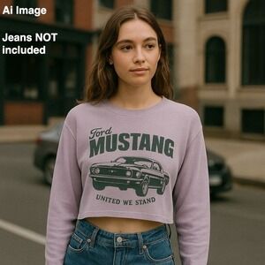 Ford Mustang Crop Long Sleeve Waffle Knit Top Women's L Lavender Graphic Tee